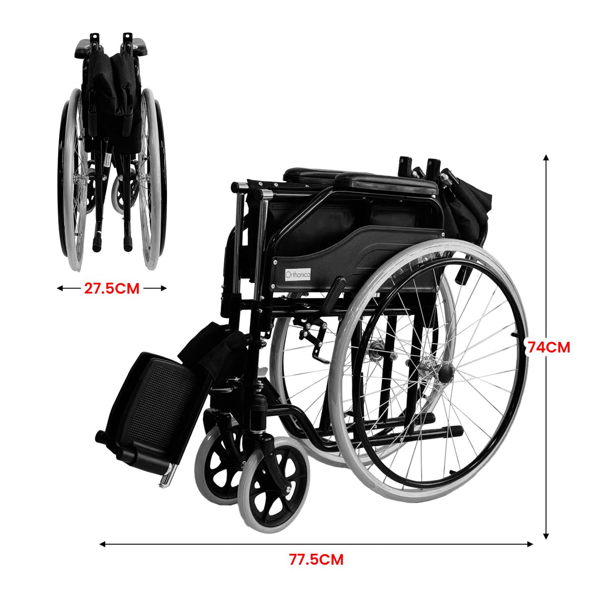 Orthonica 24in Self Propelled Foldable Steel Wheelchair - Black