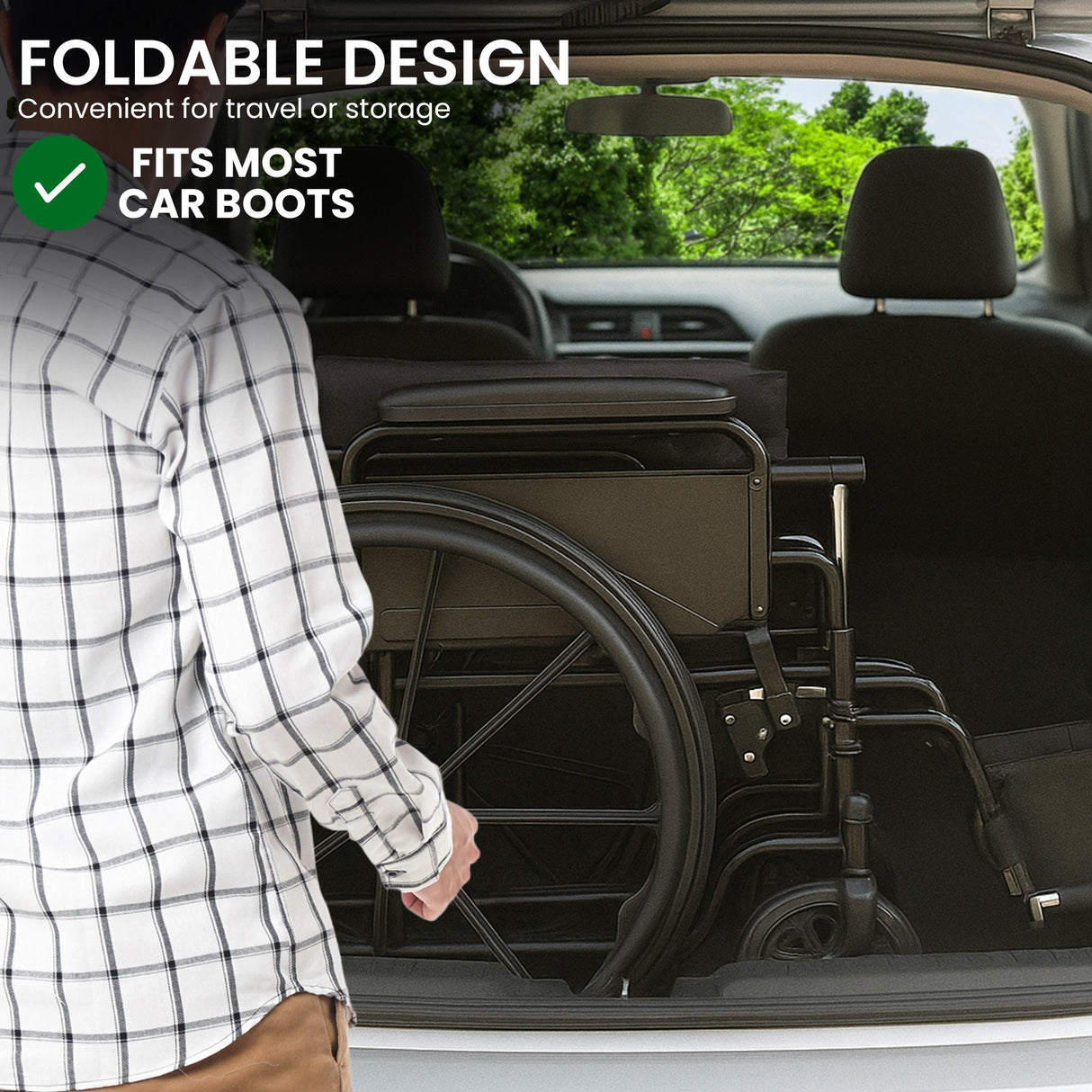 Orthonica 24in Foldable Steel Wheelchair in Black Steel Frame Heavy-Duty Disability Aid