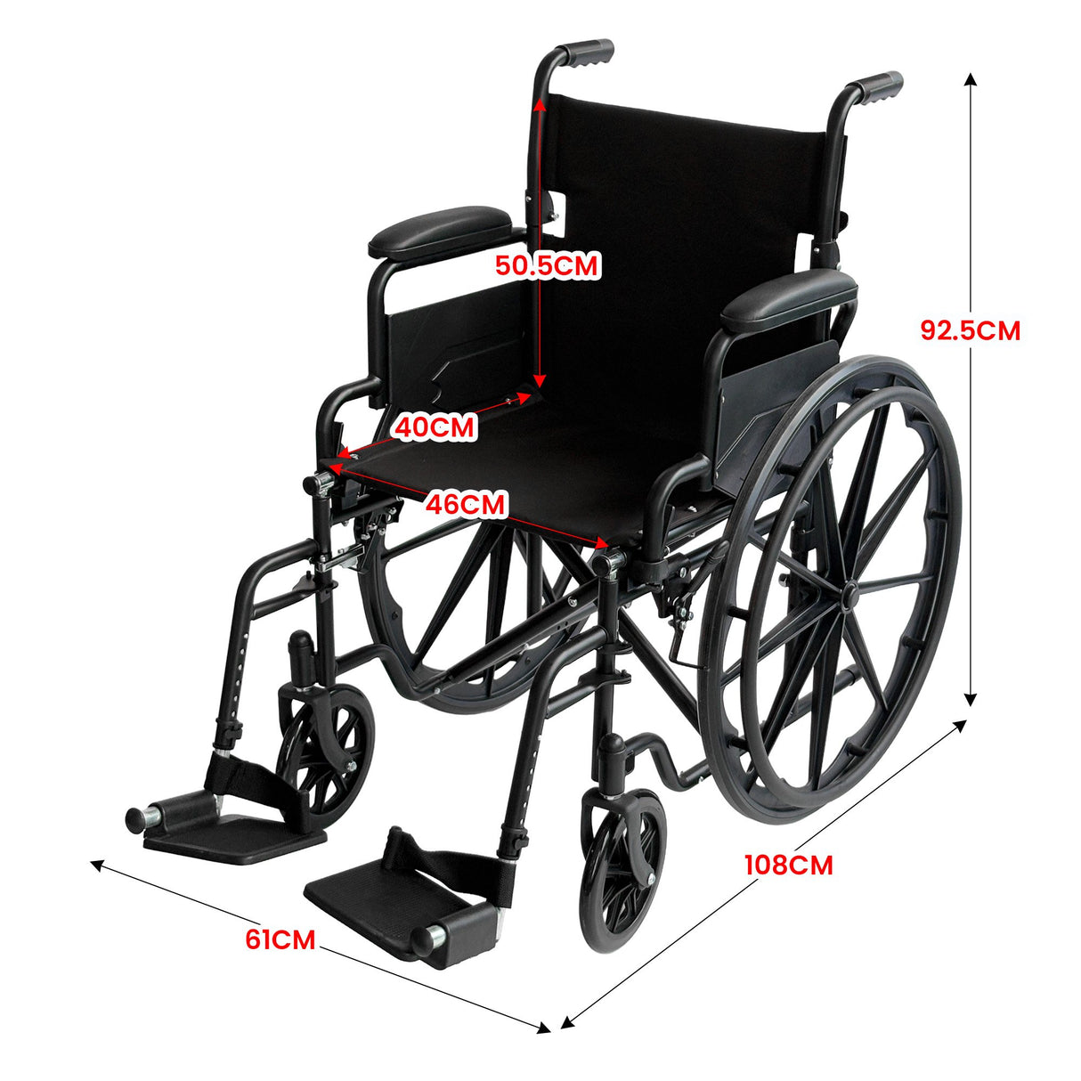 Orthonica 24in Foldable Steel Wheelchair in Black Steel Frame Heavy-Duty Disability Aid