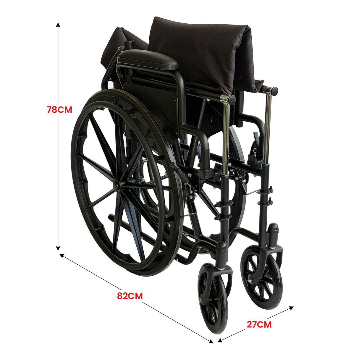 Orthonica 24in Foldable Steel Wheelchair in Black Steel Frame Heavy-Duty Disability Aid