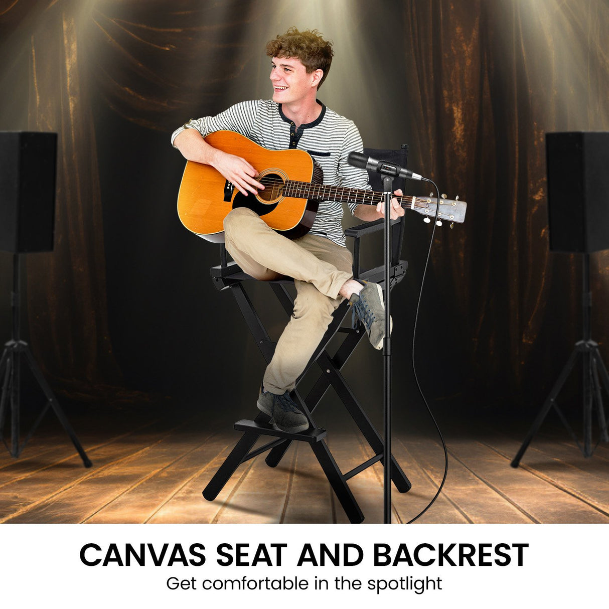 Sarantino Tall Wooden Directors Chair Kitchen Bar Stool in Black