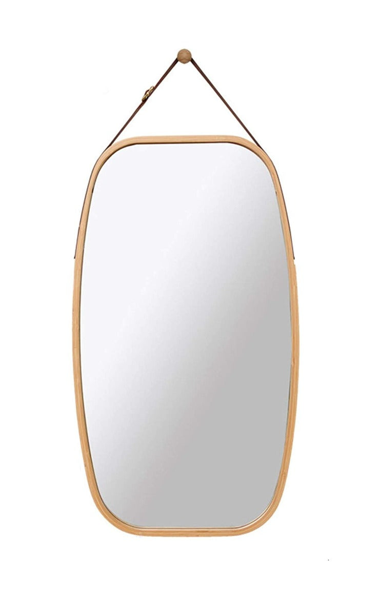 Oval Bamboo Wall Mirror with Adjustable Leather Strap - Stylish Full Length Design for Home Decor