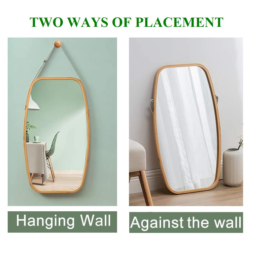 Oval Bamboo Wall Mirror with Adjustable Leather Strap - Stylish Full Length Design for Home Decor
