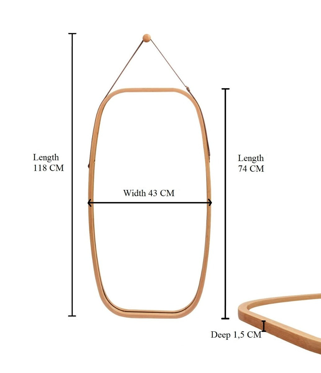 Oval Bamboo Wall Mirror with Adjustable Leather Strap - Stylish Full Length Design for Home Decor