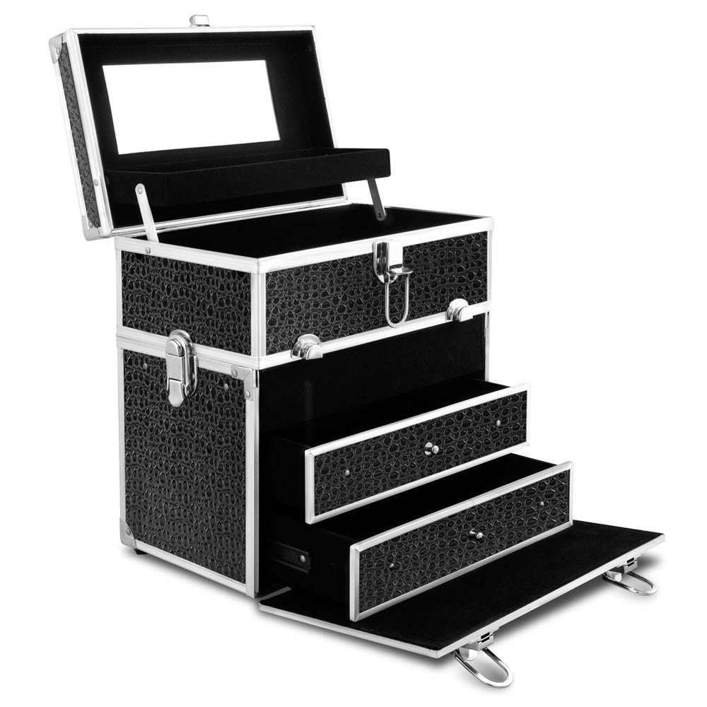Crocodile Black Professional Portable Makeup Organizer with Mirror