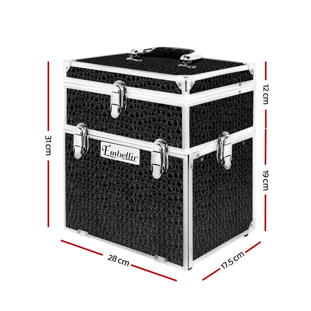 Crocodile Black Professional Portable Makeup Organizer with Mirror