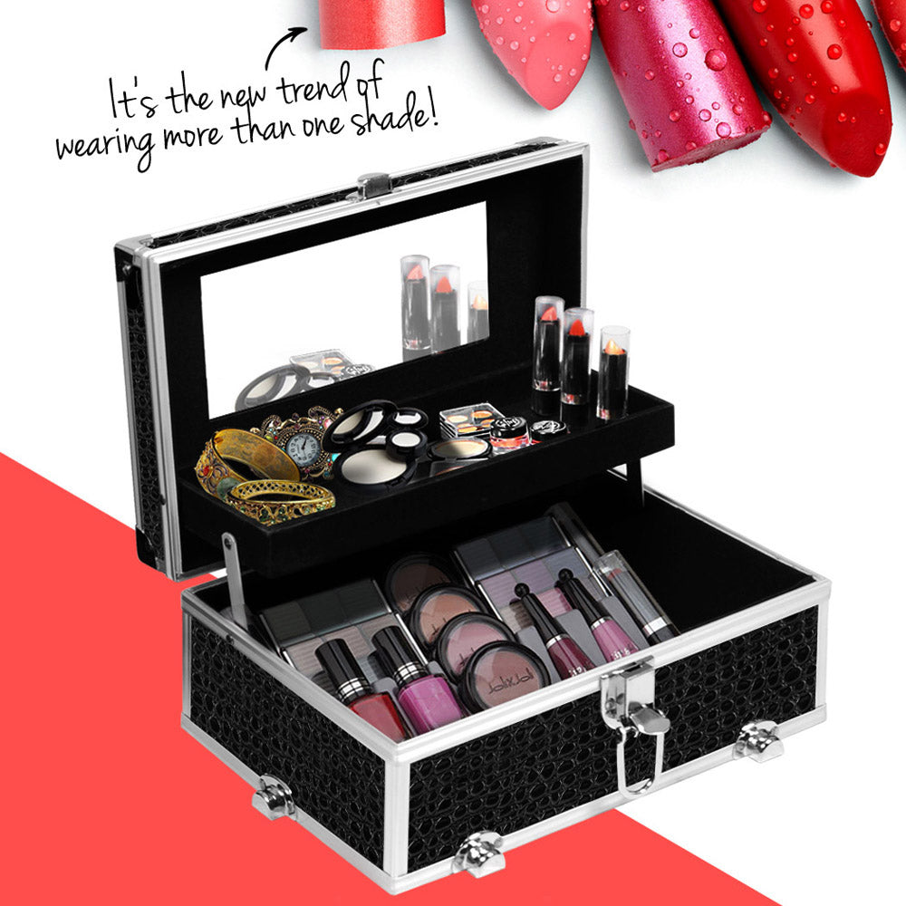 Crocodile Black Professional Portable Makeup Organizer with Mirror