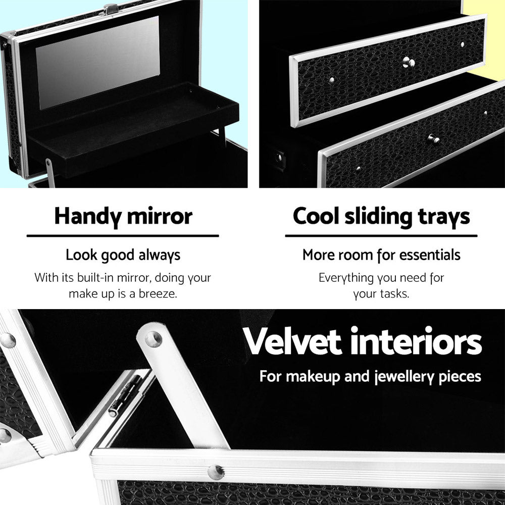 Crocodile Black Professional Portable Makeup Organizer with Mirror