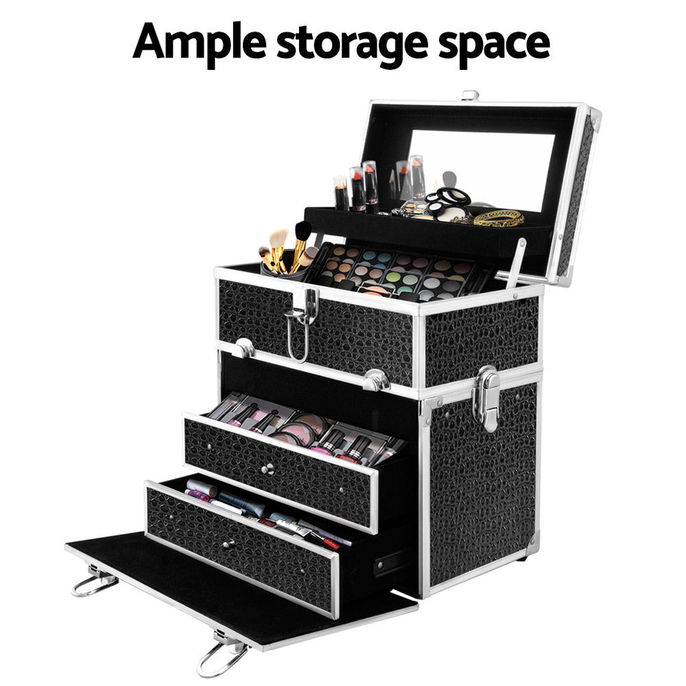Crocodile Black Professional Portable Makeup Organizer with Mirror