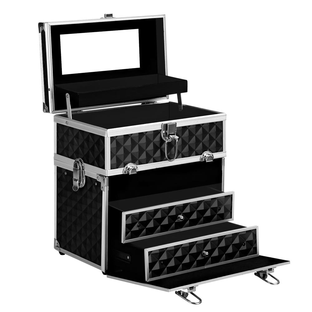 Diamond Black Portable Makeup Case with Mirror - Luxury Beauty Organizer