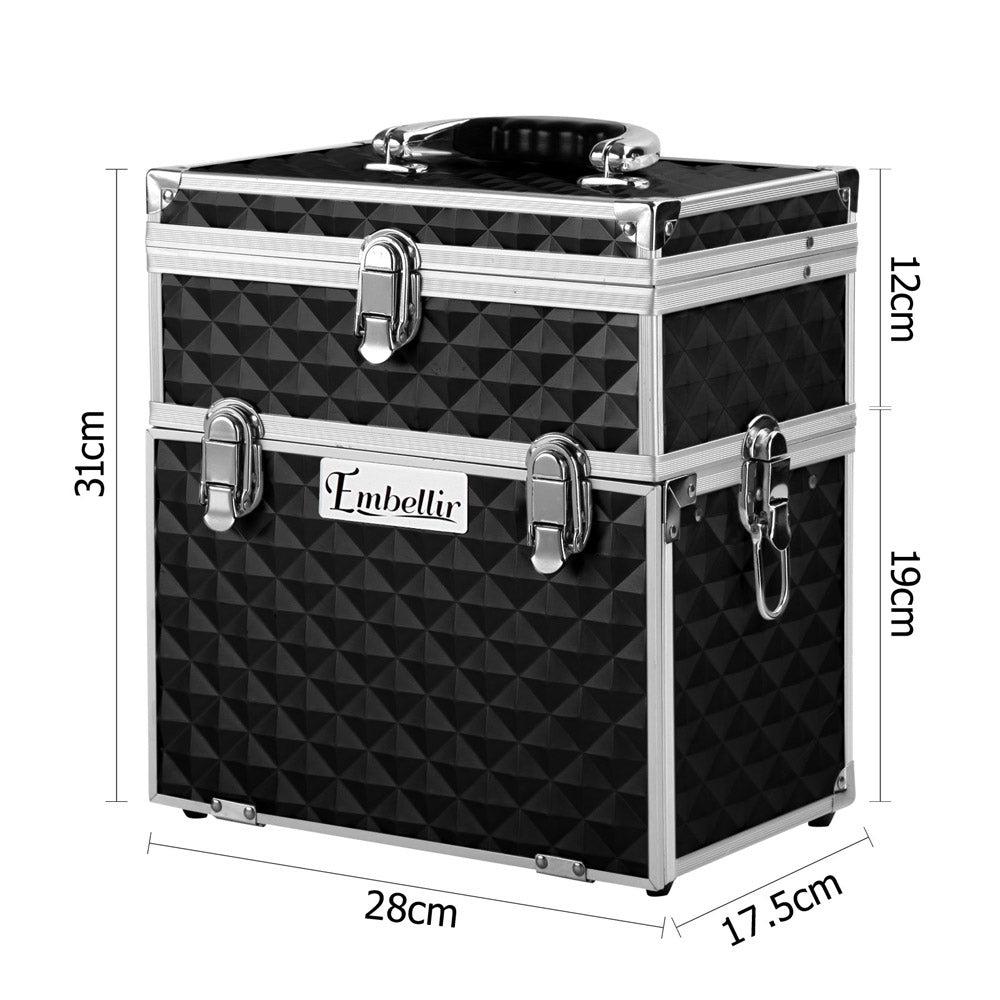 Diamond Black Portable Makeup Case with Mirror - Luxury Beauty Organizer