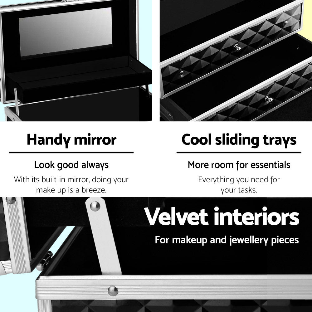 Diamond Black Portable Makeup Case with Mirror - Luxury Beauty Organizer