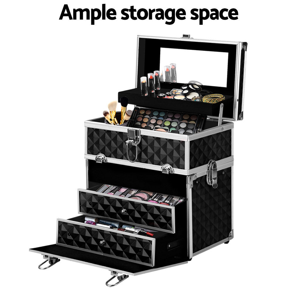 Diamond Black Portable Makeup Case with Mirror - Luxury Beauty Organizer
