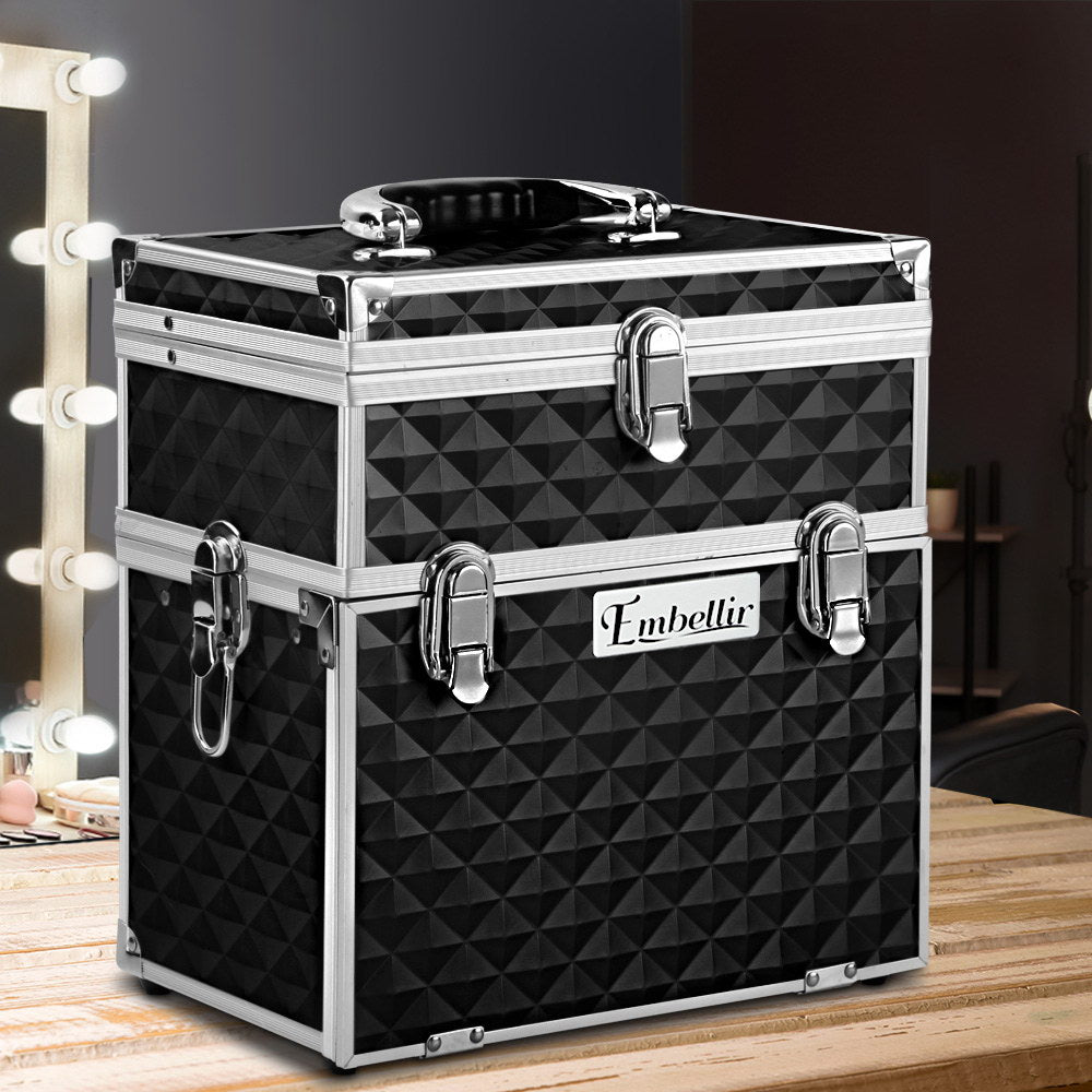 Diamond Black Portable Makeup Case with Mirror - Luxury Beauty Organizer