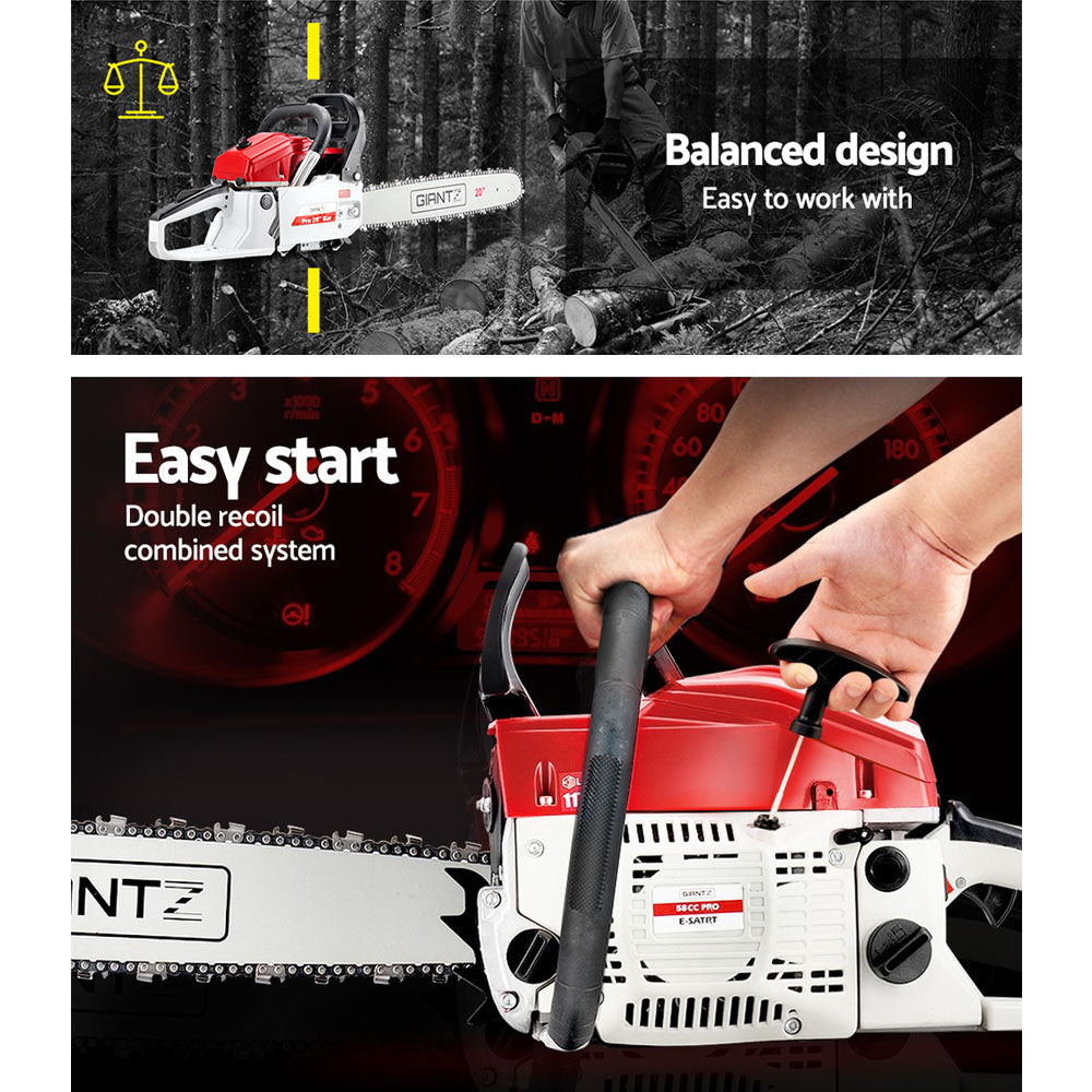 58CC Heavy-Duty Commercial Petrol Chainsaw - Red & White