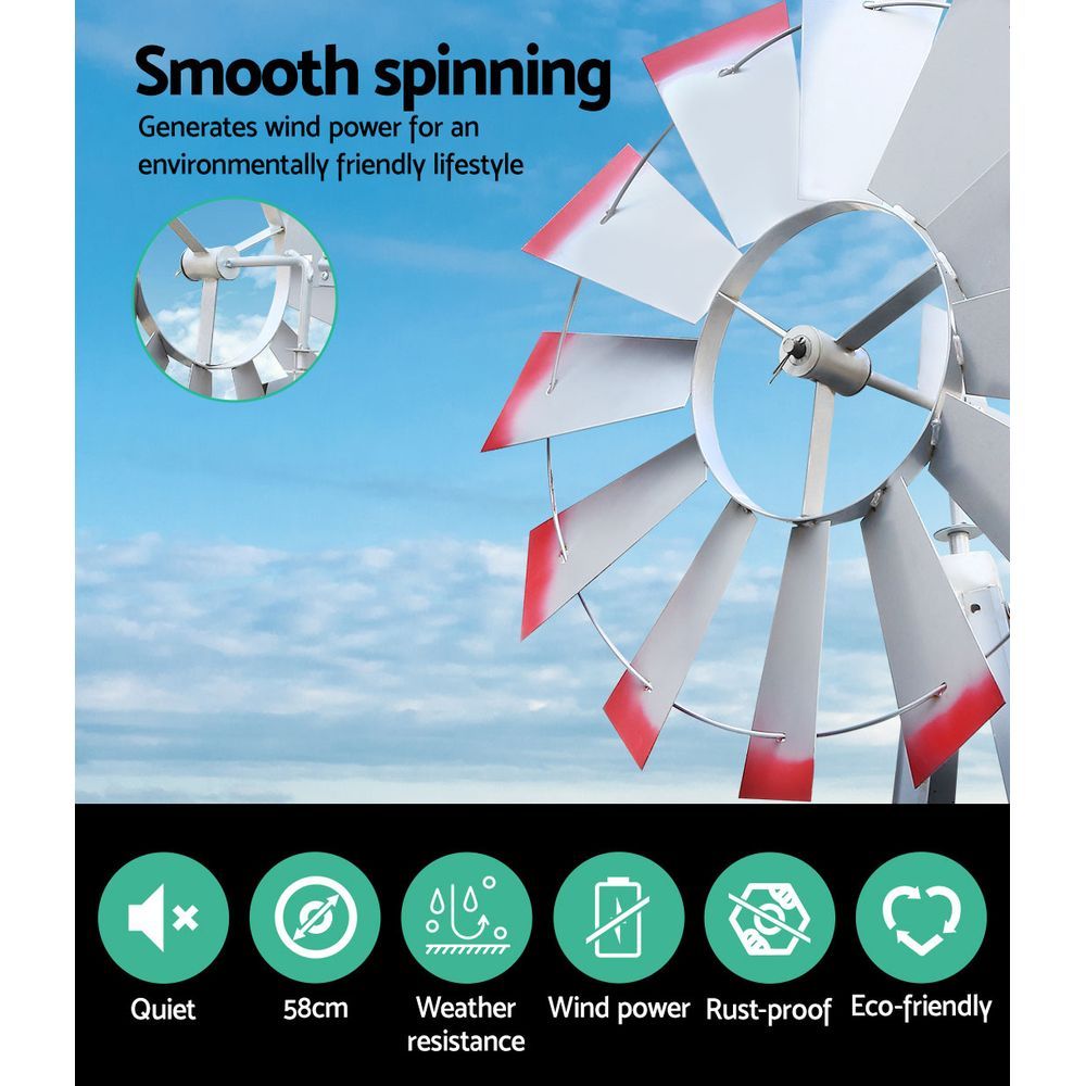 8FT Rustic Metal Garden Windmill with Integrated Weather Vane and Outdoor Charm