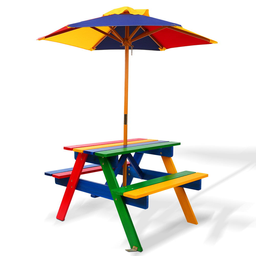Keezi Vibrant Wooden Kids Picnic Table with Removable Umbrella