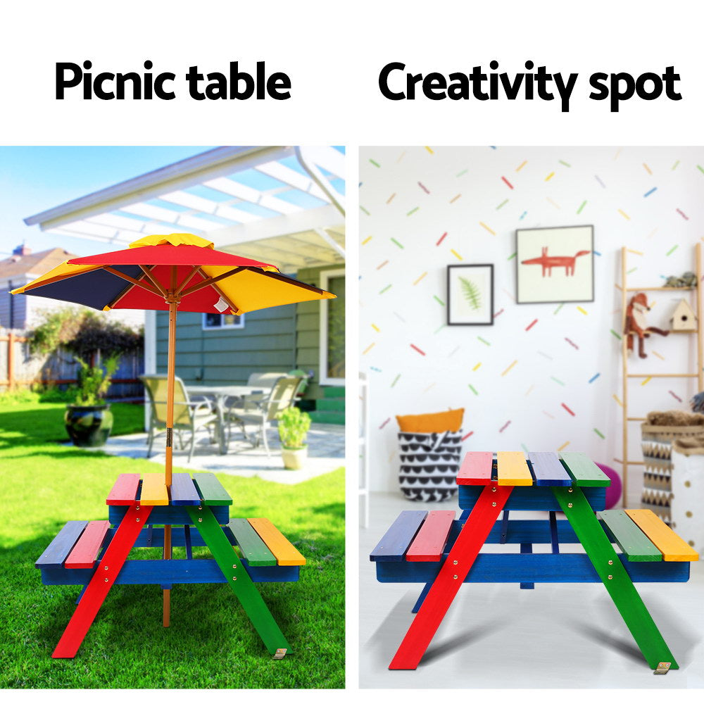 Keezi Vibrant Wooden Kids Picnic Table with Removable Umbrella