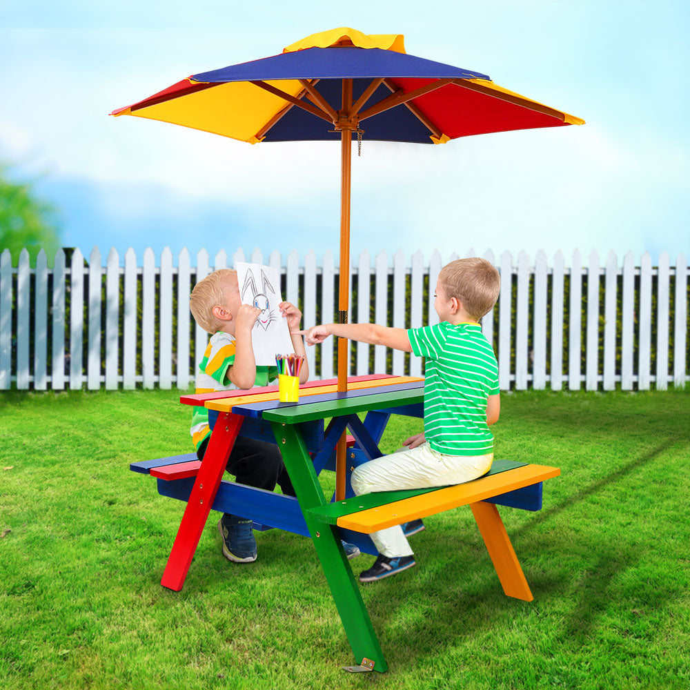 Keezi Vibrant Wooden Kids Picnic Table with Removable Umbrella