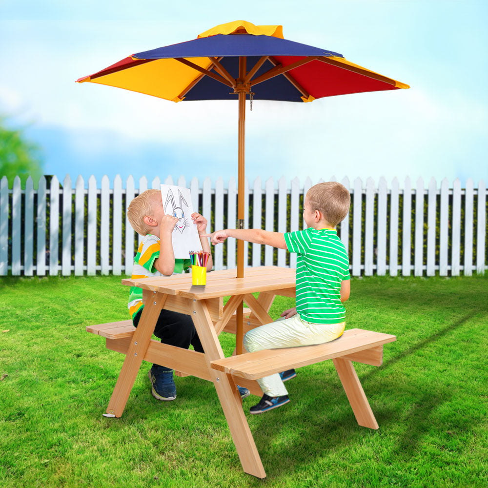 Keezi Kids Outdoor Wooden Picnic Table with Shade Umbrella