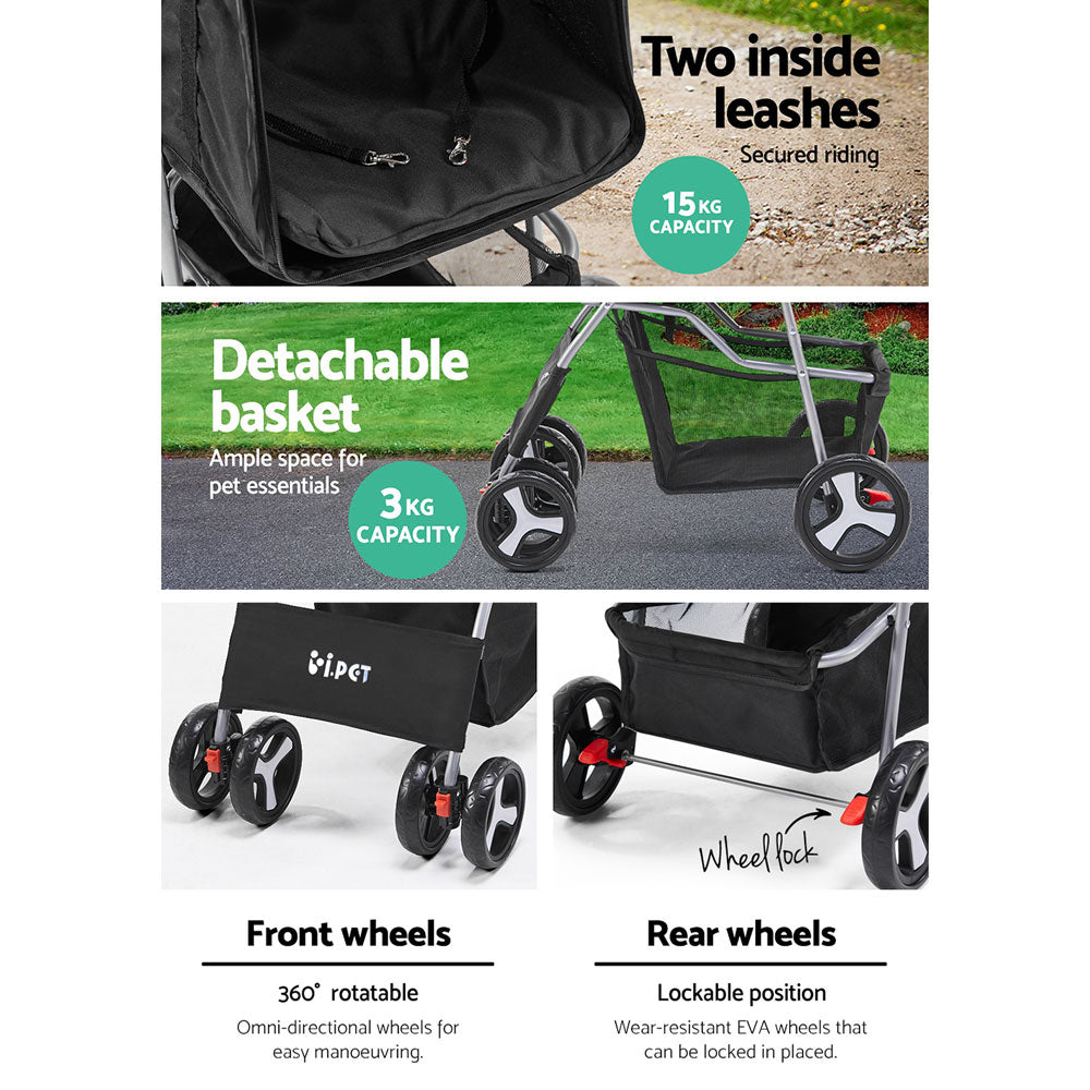 i.Pet Compact 4-Wheel Pet Stroller - Black