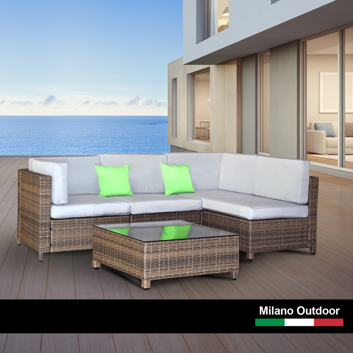 Milano Decor Contemporary 5-Piece Rattan Outdoor Sofa Set in Oatmeal and Black with Coffee Table