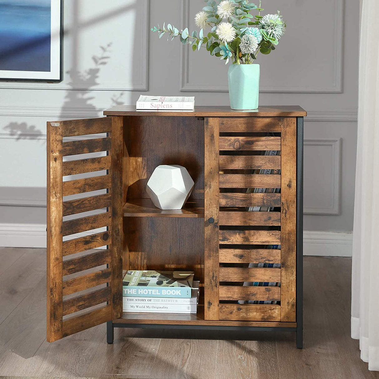 Rustic Industrial Sideboard Cabinet with Louvred Doors for Versatile Storage