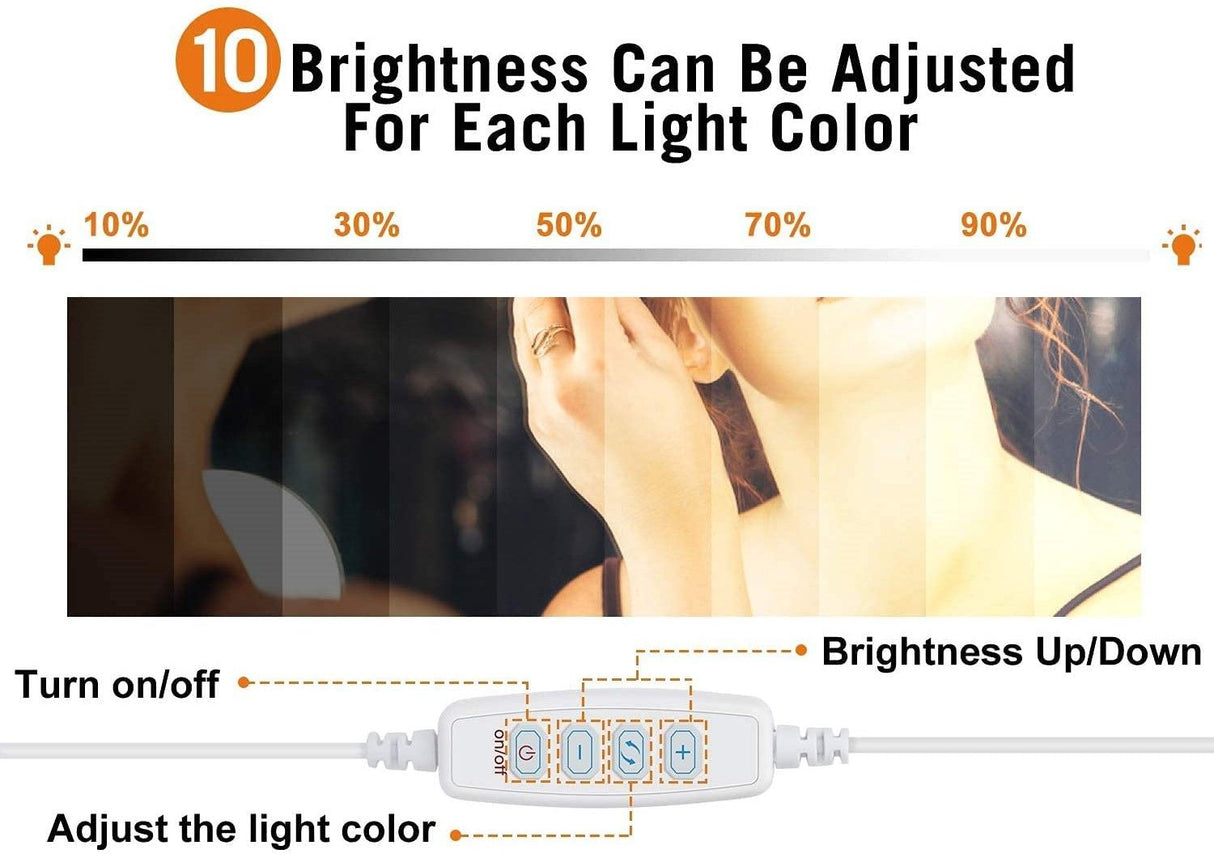 Hollywood Vanity Style LED Makeup Lights Mirror with 3 Color Modes Lights with 10 Dimmable Bulbs (Mi