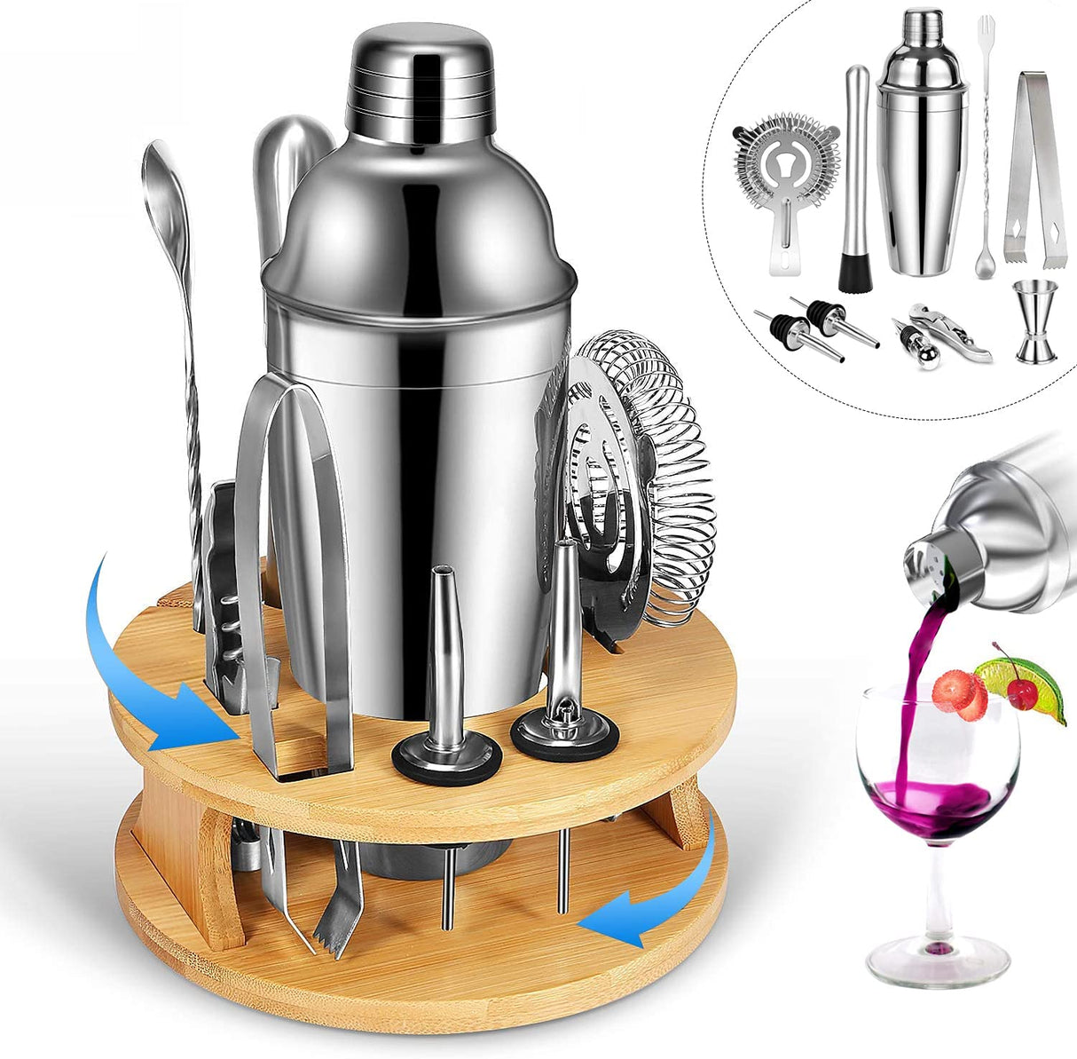 Elegant 10-Piece Stainless Steel Cocktail Shaker Set with Rotating Bamboo Stand