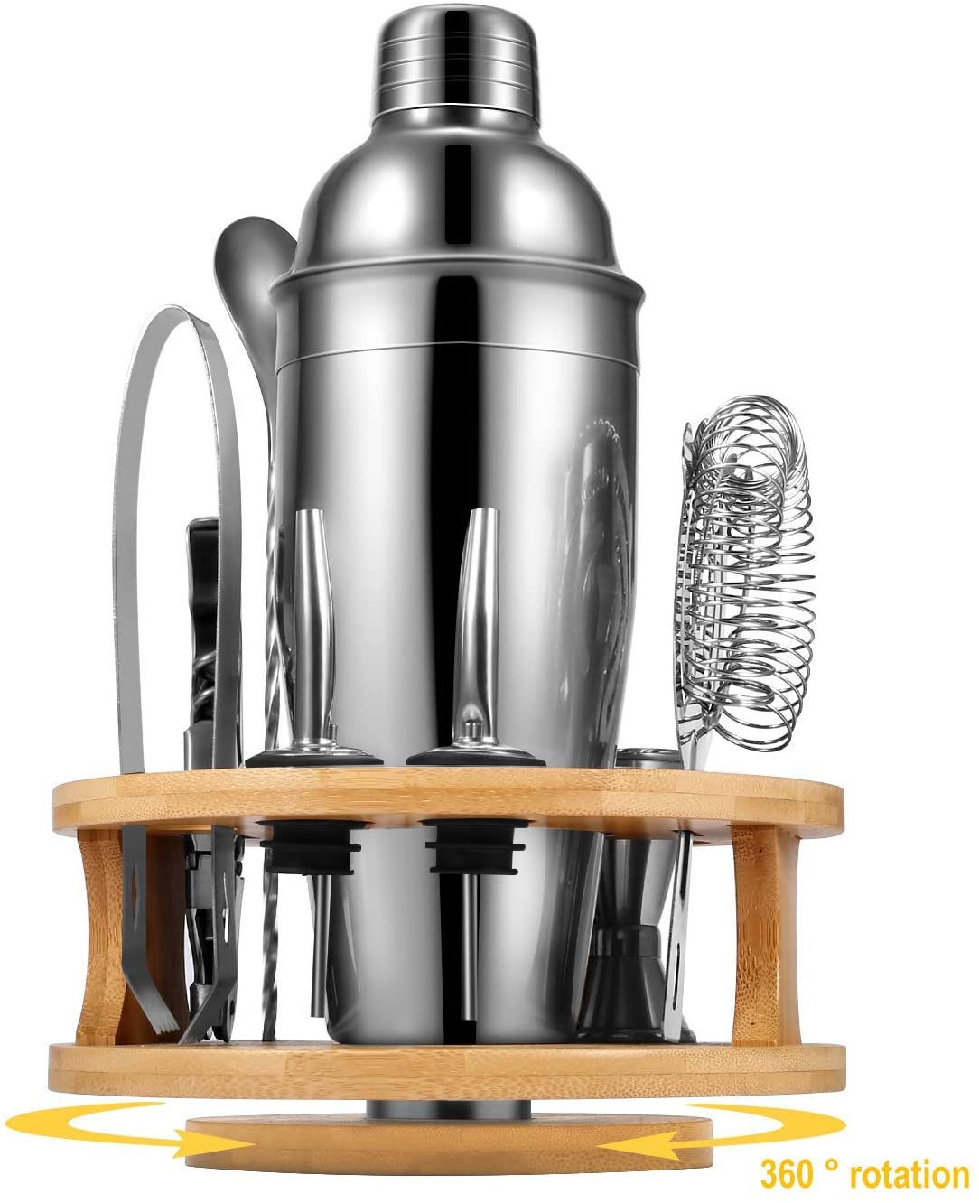Elegant 10-Piece Stainless Steel Cocktail Shaker Set with Rotating Bamboo Stand
