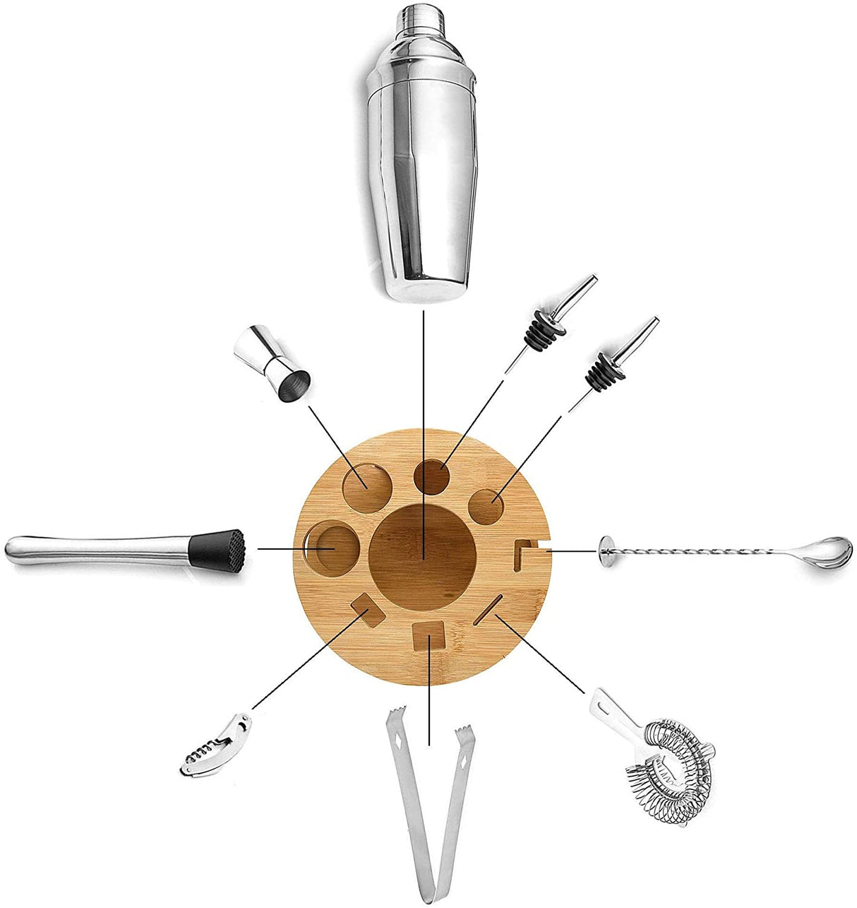 Elegant 10-Piece Stainless Steel Cocktail Shaker Set with Rotating Bamboo Stand