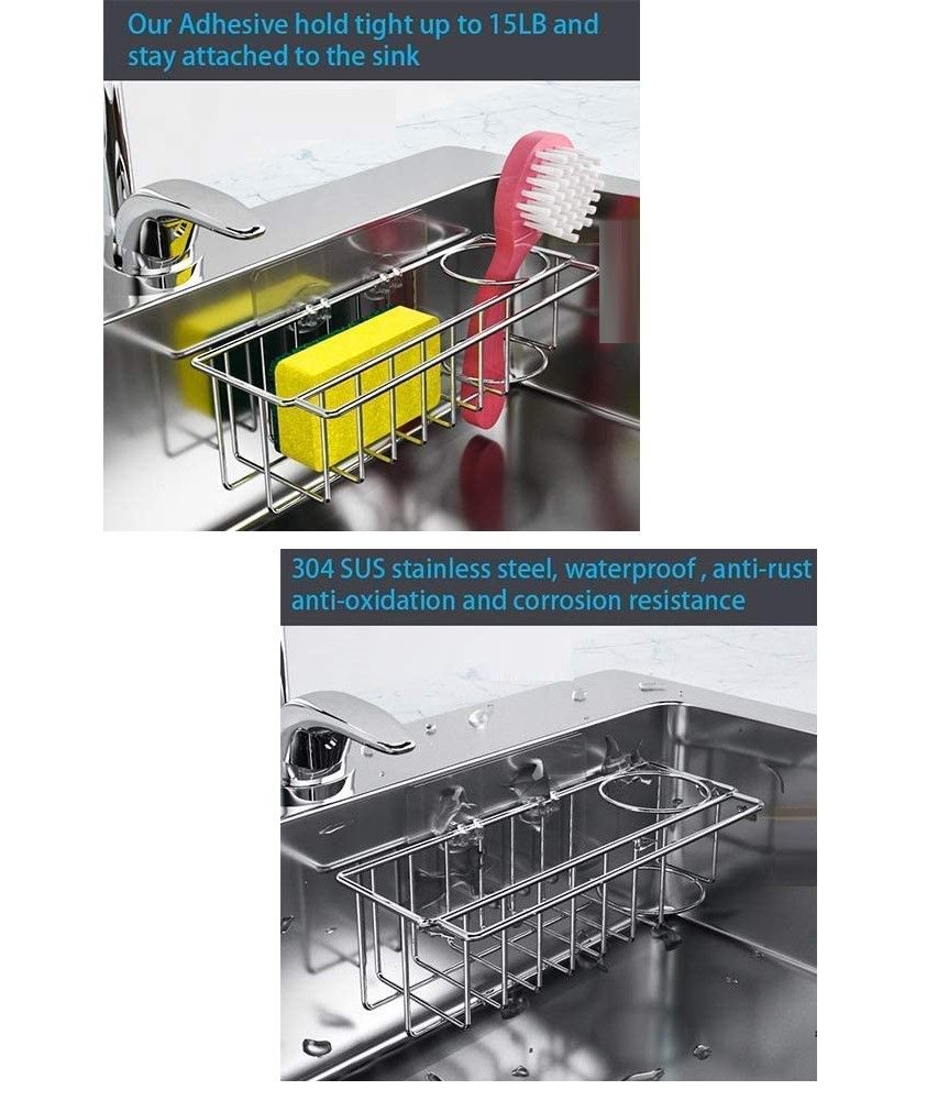 Stainless Steel 3-in-1 Kitchen Sink Caddy Organizer - Rustproof Adhesive Storage Solution