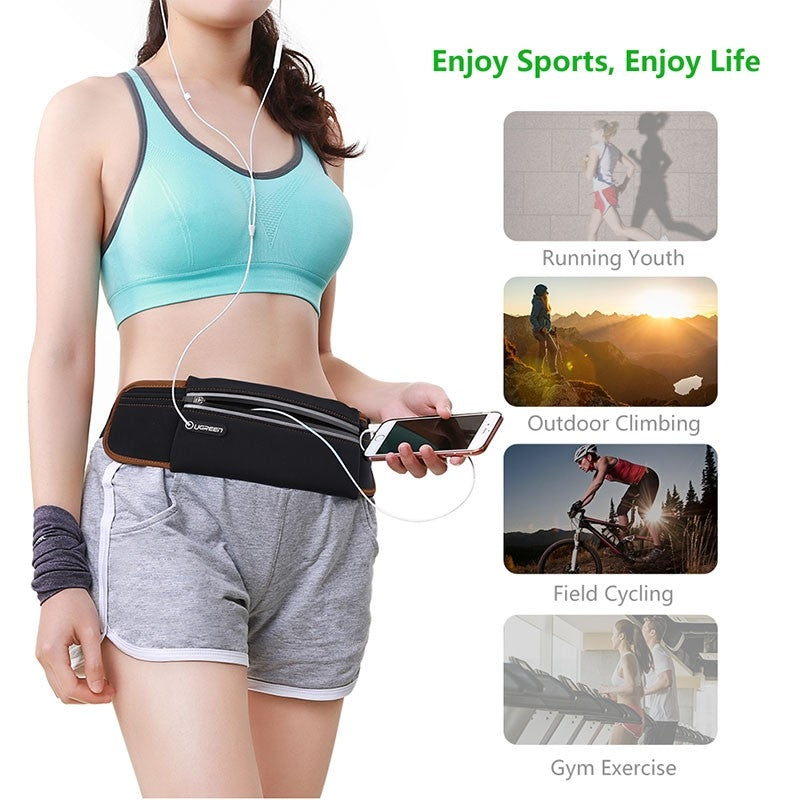 UGREEN Waterproof Running Waist Pack - Adjustable Fanny Belt with 3 Pockets and Reflective Safety Strip