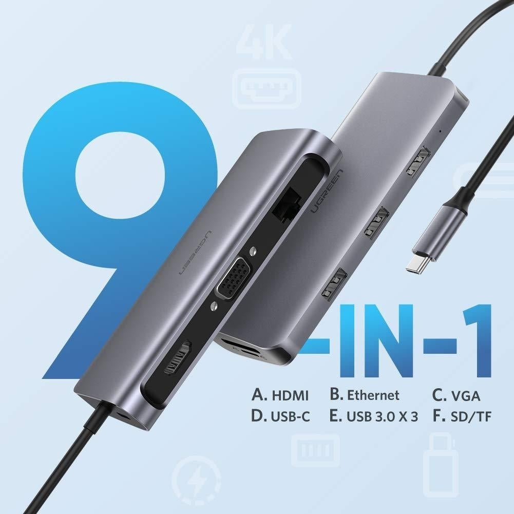 UGREEN 9-in-1 USB-C Hub with HDMI, VGA, Ethernet, USB 3.0, and SD/TF Card Slots