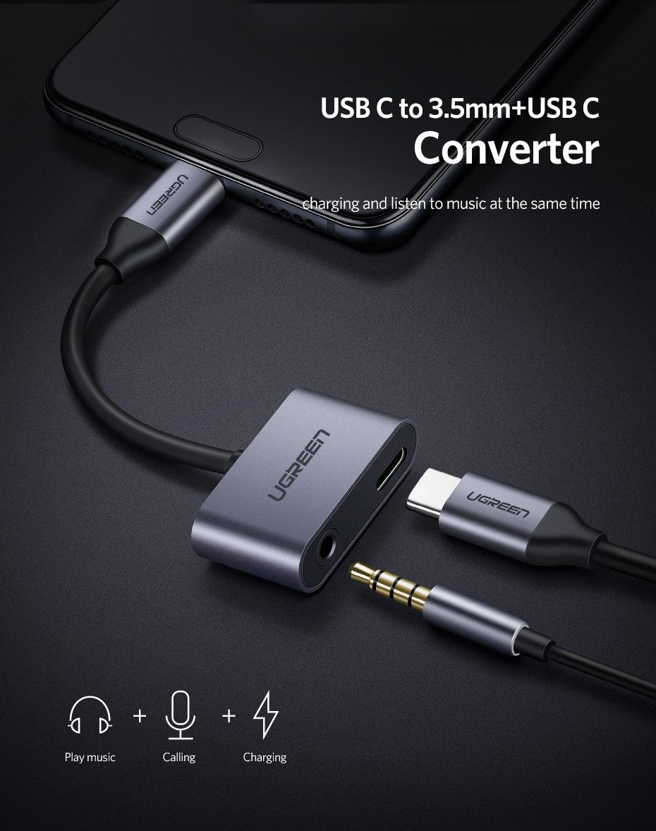 UGreen Aluminium Type-C to 3.5mm Audio and USB-C Female Adapter 50596