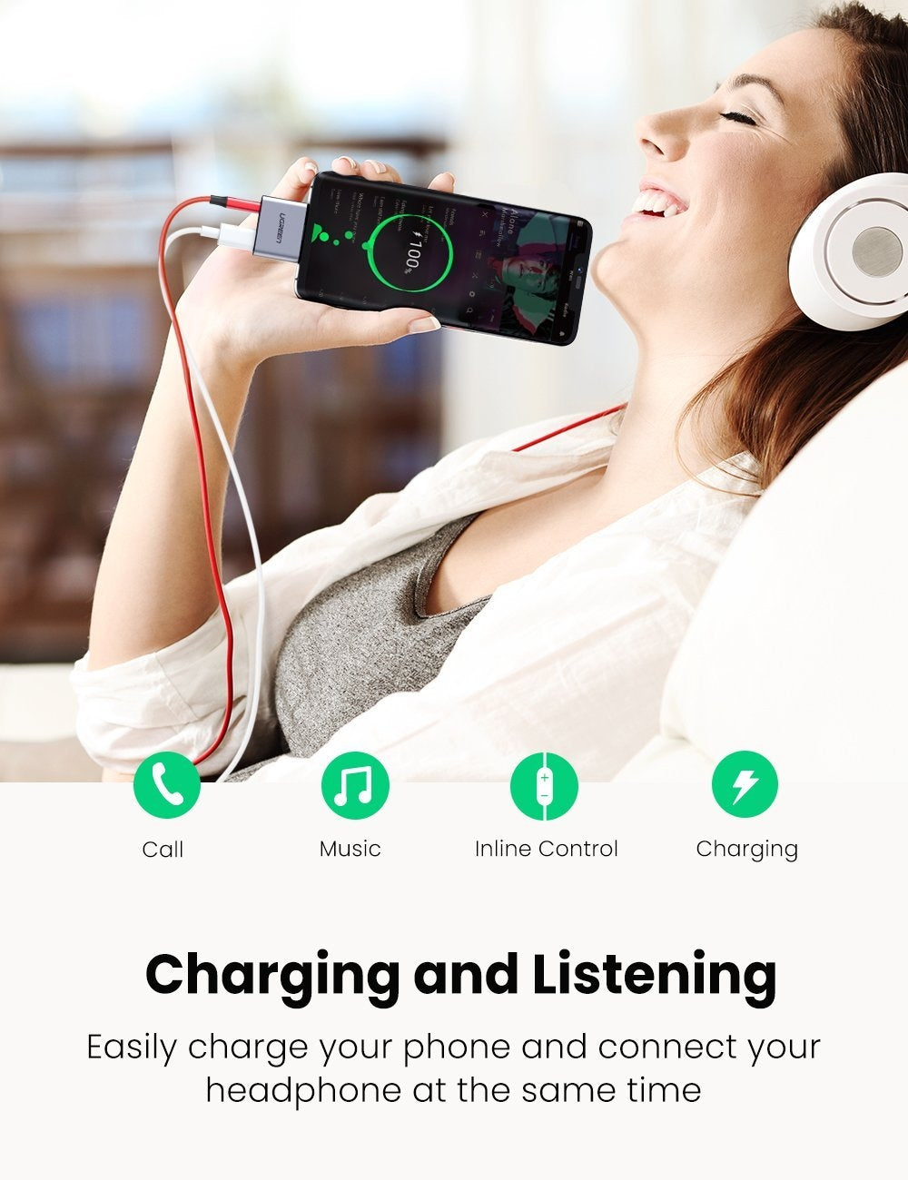 UGREEN 70312 Dual Function USB C to 3.5mm Audio and Charger Adapter
