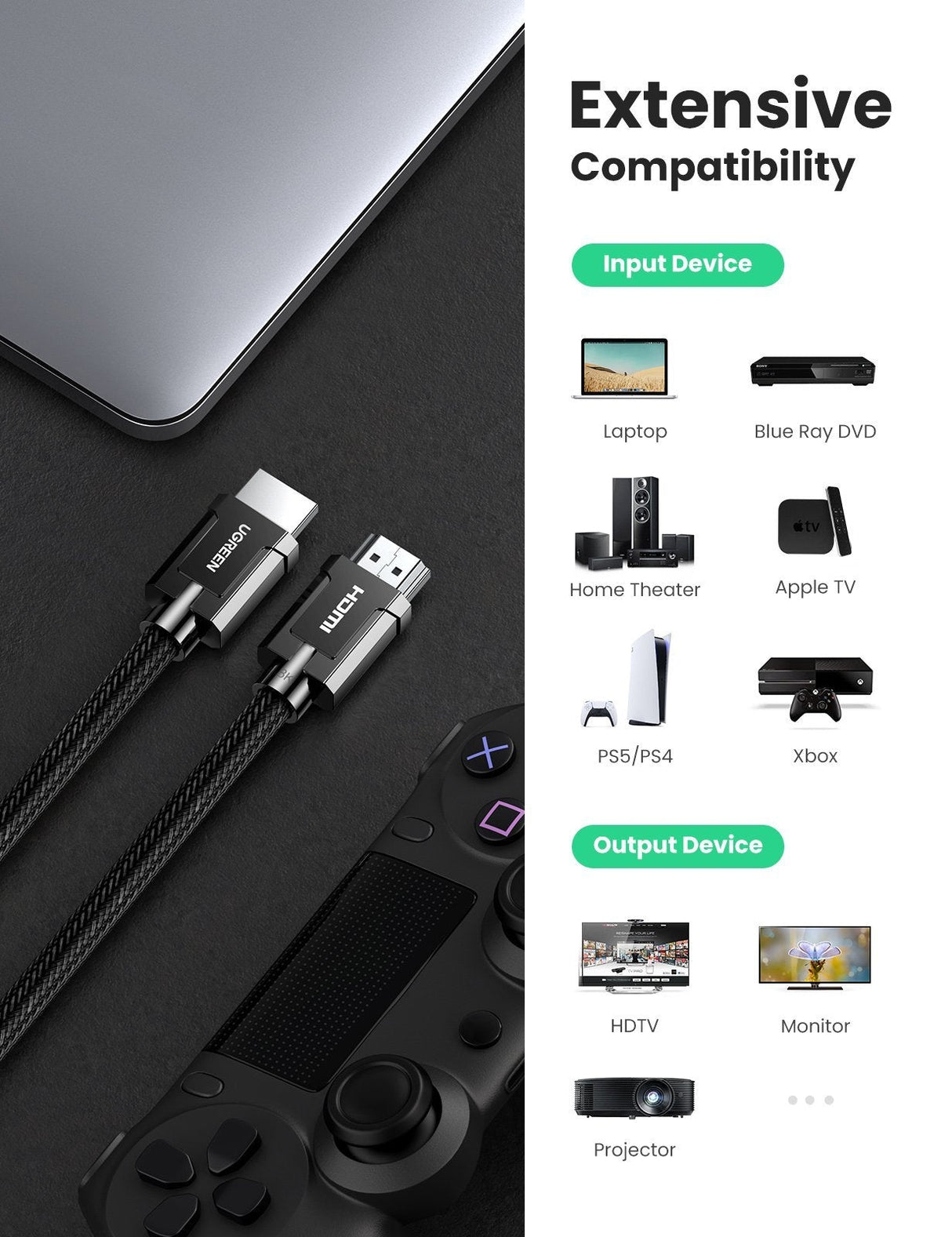 UGREEN 80602 3M High-Speed 8K HDMI 2.1 Cable with Dynamic HDR and eARC Support