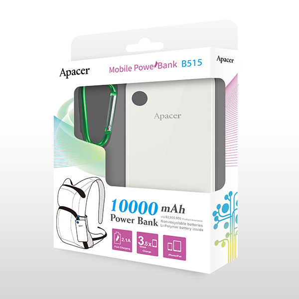 APACER B515 10,000mAh Sporty Power Bank with D-Shaped Carabiner - White