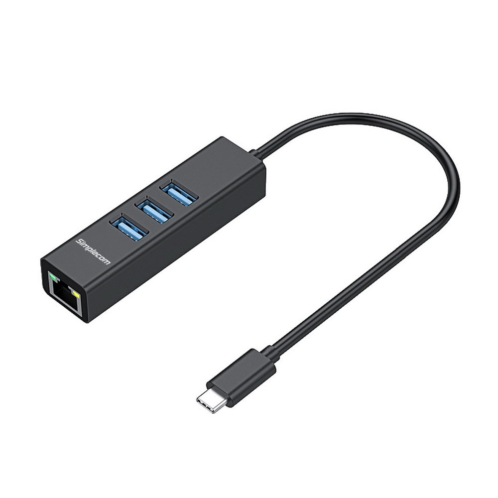 Simplecom CHN421 Aluminum USB-C Hub with 3 USB-A Ports and Gigabit Ethernet Adapter - Black