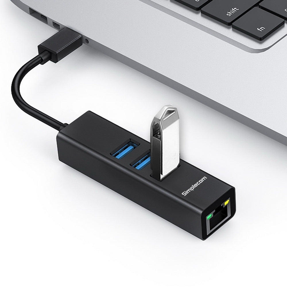 Simplecom CHN421 Aluminum USB-C Hub with 3 USB-A Ports and Gigabit Ethernet Adapter - Black