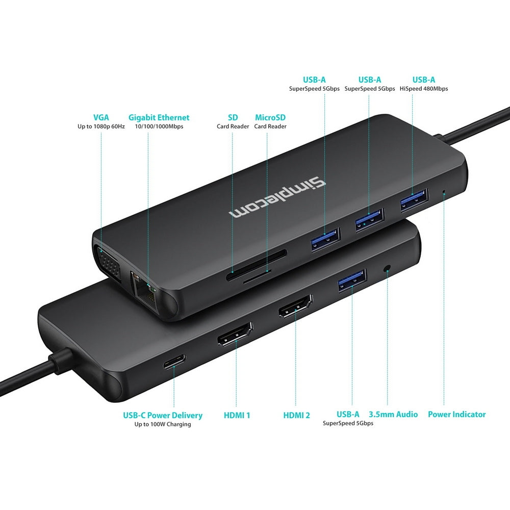 Simplecom CHN612 12-in-1 USB-C Docking Hub with Dual HDMI, VGA, and Gigabit Ethernet for Triple Display