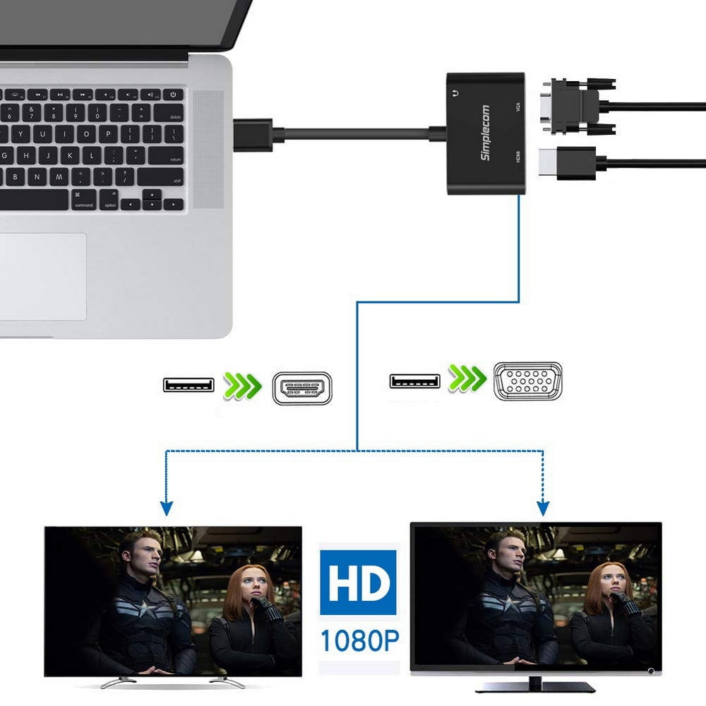 Simplecom DA316A USB-A to HDMI & VGA Dual Display Adapter with Audio Output