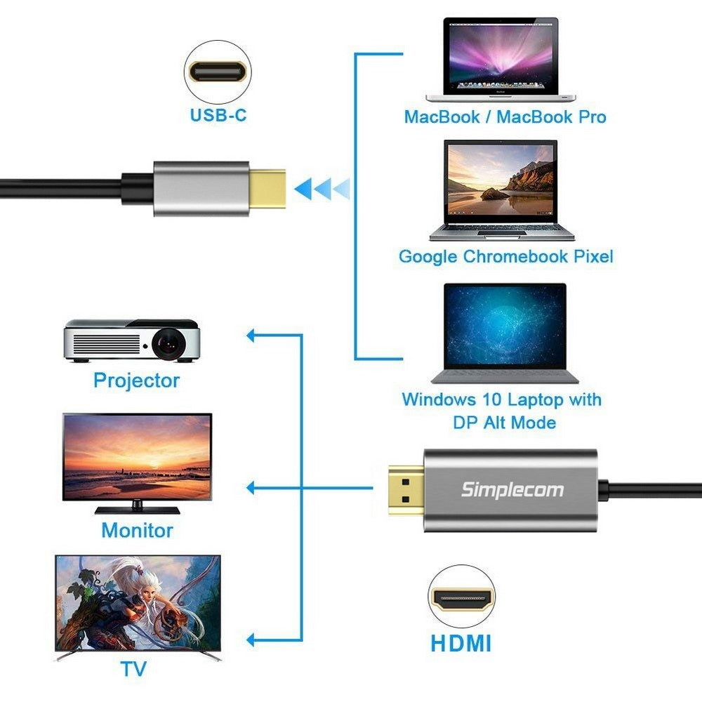 Simplecom DA321 1.8M USB-C to HDMI Cable - 4K@30Hz High-Performance Adapter