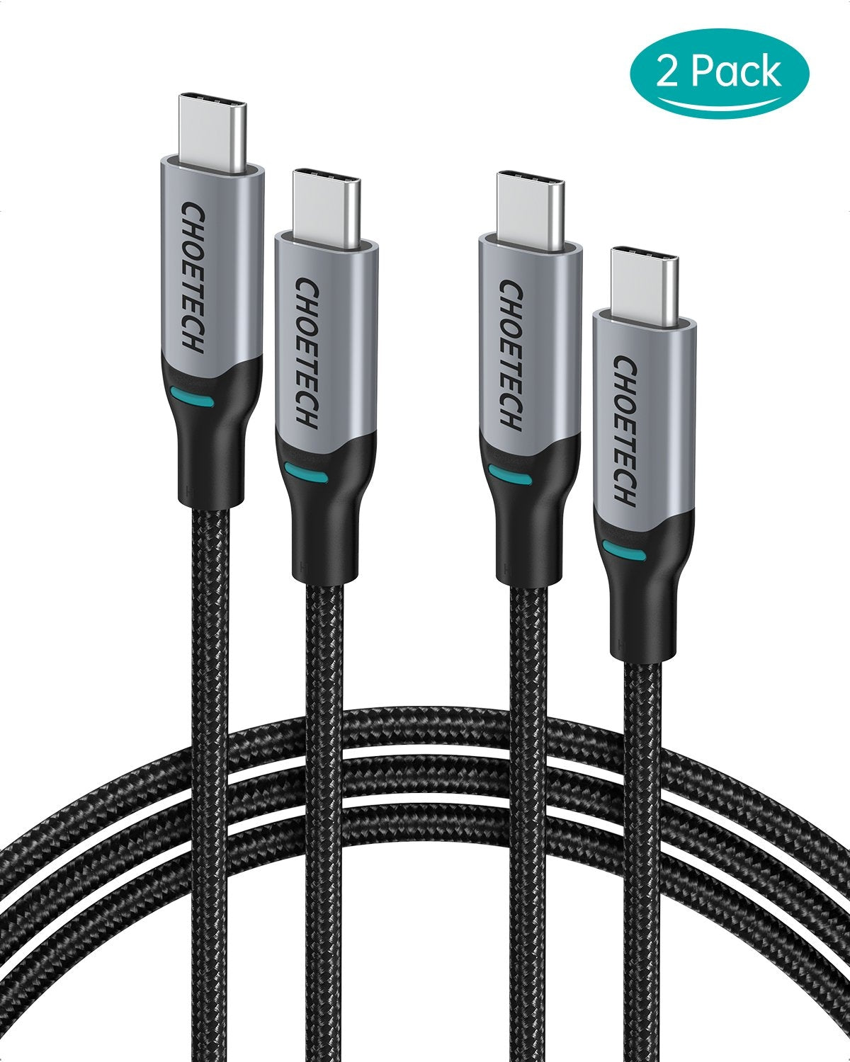 CHOETECH 100W USB-C Braided Fast Charging Cable - 1.8M Length, 2 Pack for Ultimate Convenience