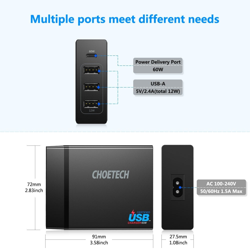 CHOETECH 72W USB-C Power Delivery Travel Charger