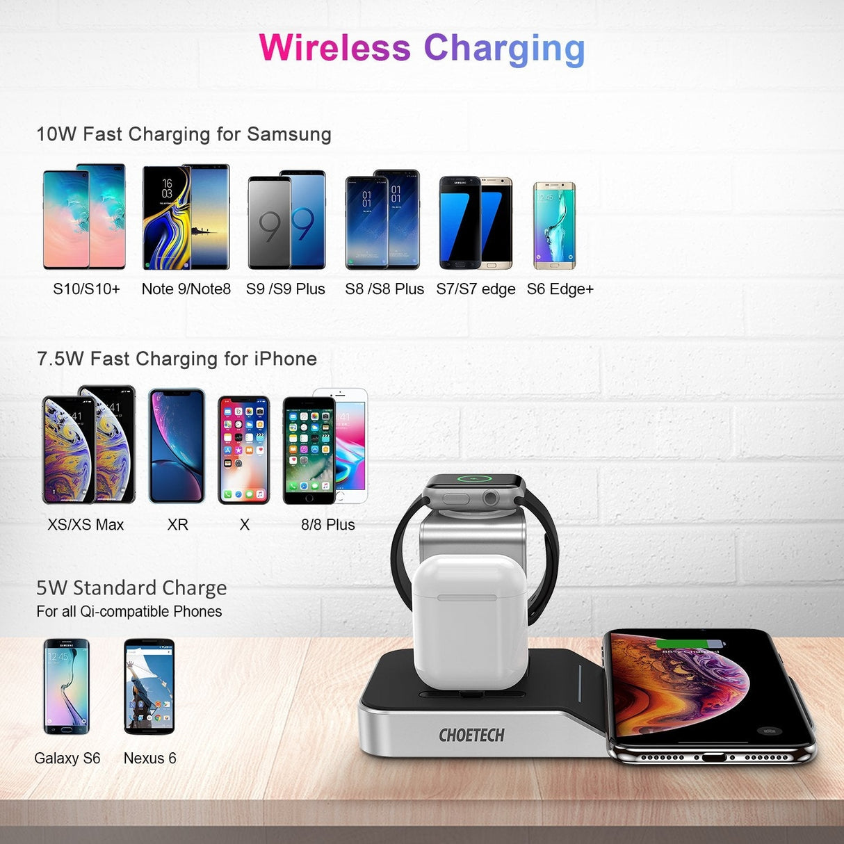 CHOETECH T316 Multi-Device Wireless Charging Dock for iPhone, Apple Watch, iPod, and Qi-Compatible Phones