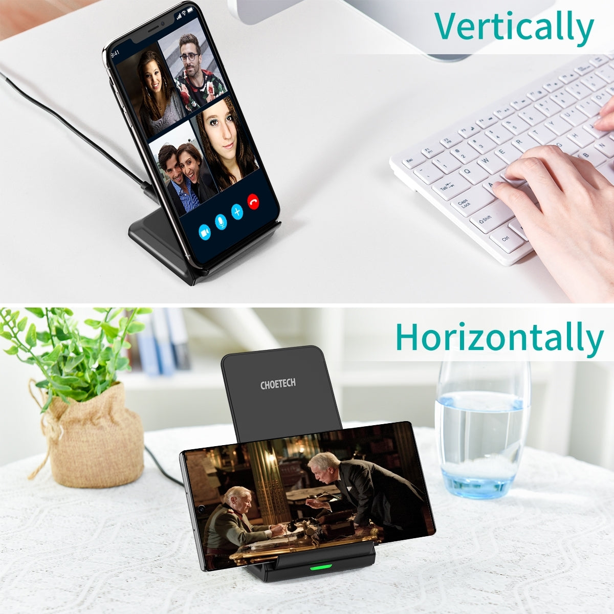 CHOETECH T524S 15W Fast Wireless Charging Stand with AC Adapter and Versatile Viewing Options