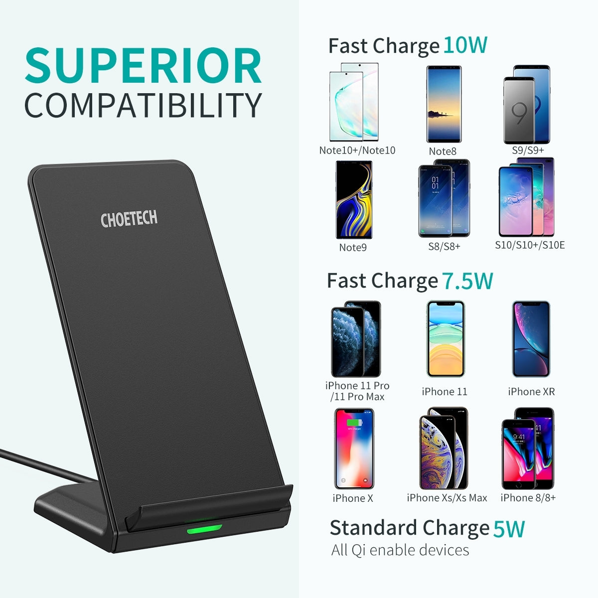 CHOETECH T524S 15W Fast Wireless Charging Stand with AC Adapter and Versatile Viewing Options