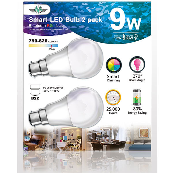 MV SMART BULB 9W B22 TWIN PACK - Bluetooth Controlled LED Light (Apple & Android Compatible)