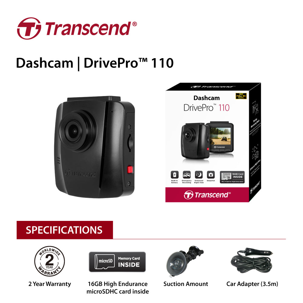 Transcend DrivePro 110 Dashcam with 16GB Storage and 2.4 LCD Display